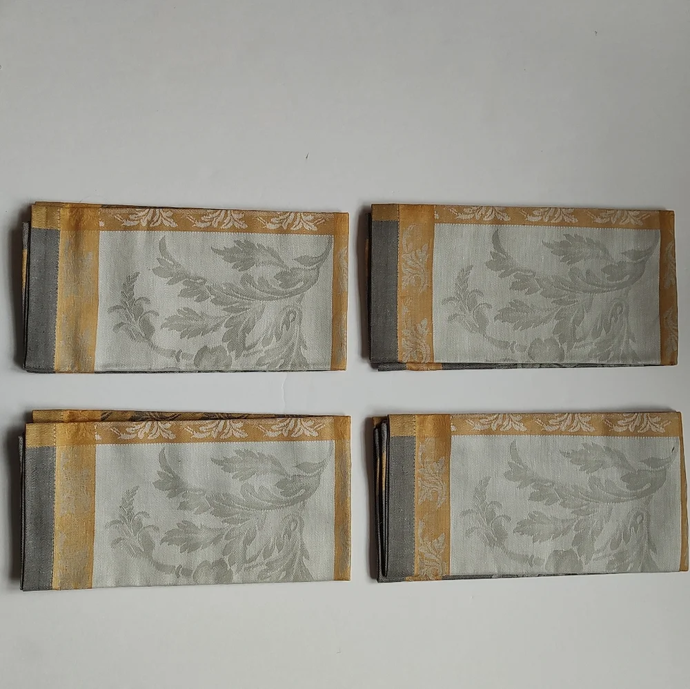 Williams Sonoma Villa 4 Napkins Jacquard Grey Yellow Beige Cream Cotton Linen